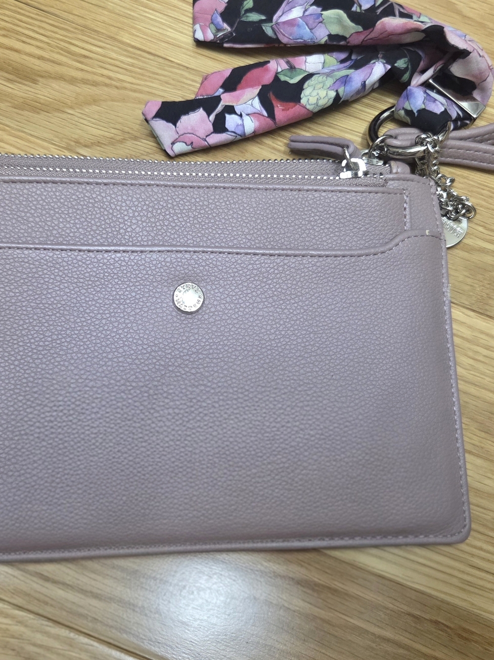 Steve Madden Dusty Rose Pebbled Leather Mini Wristlet with Floral Scarf Accent
